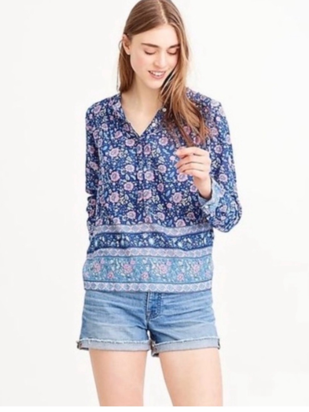J.Crew Cotton Voile Popover Blouse in Floral Block Print, Women’s Size 16
